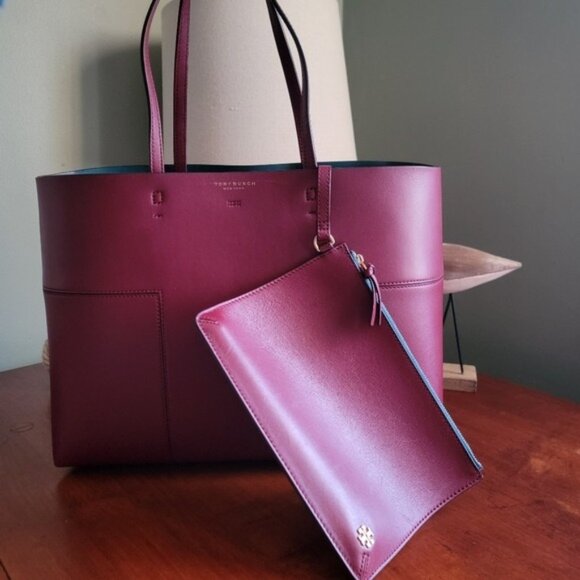Tory Burch Handbags - Tory Burch Block-T Tote Burgundy Leather Shopper Tote Bag